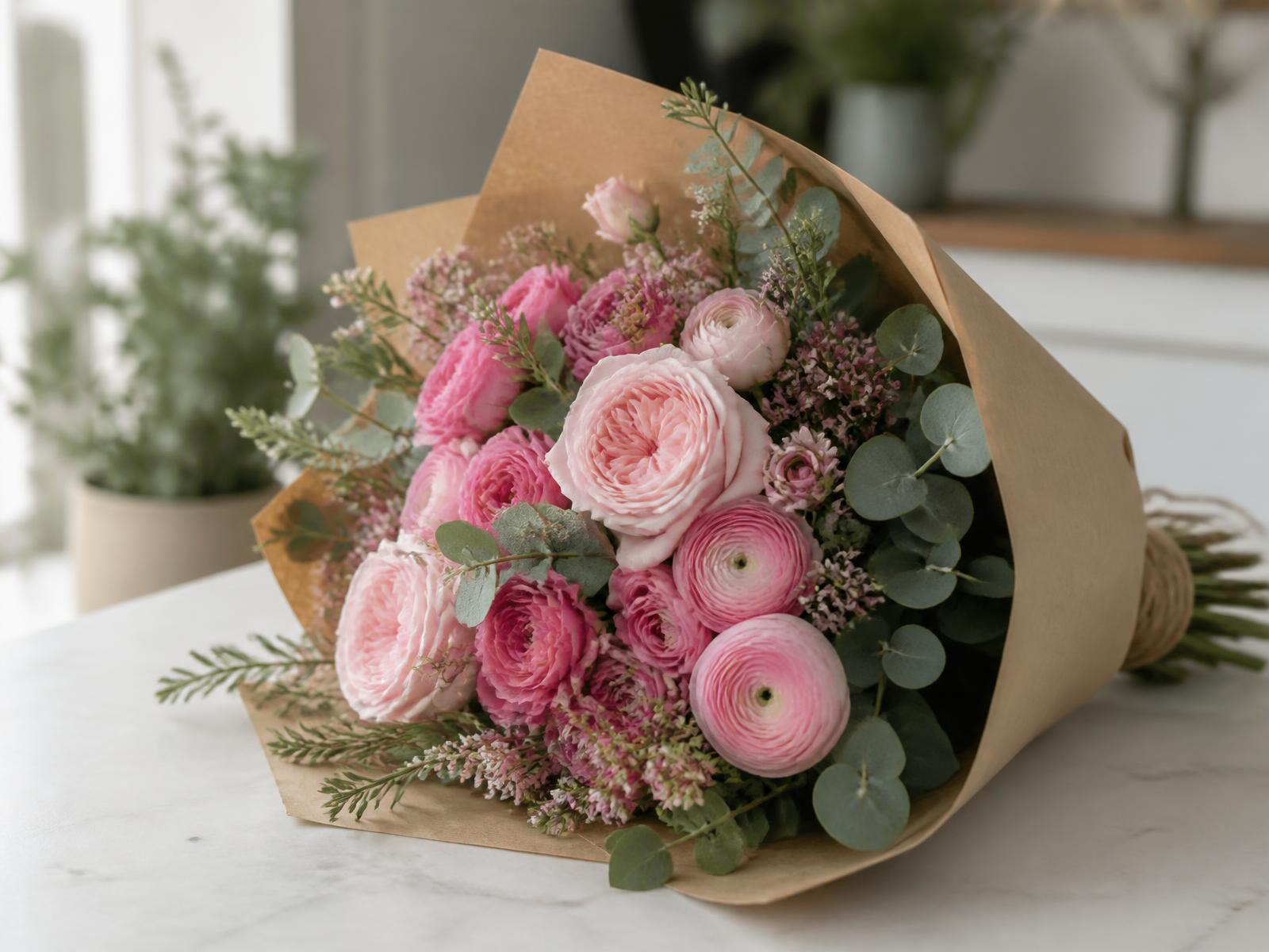 Ramo de rosas y ranúnculos rosados envuelto en papel kraft
