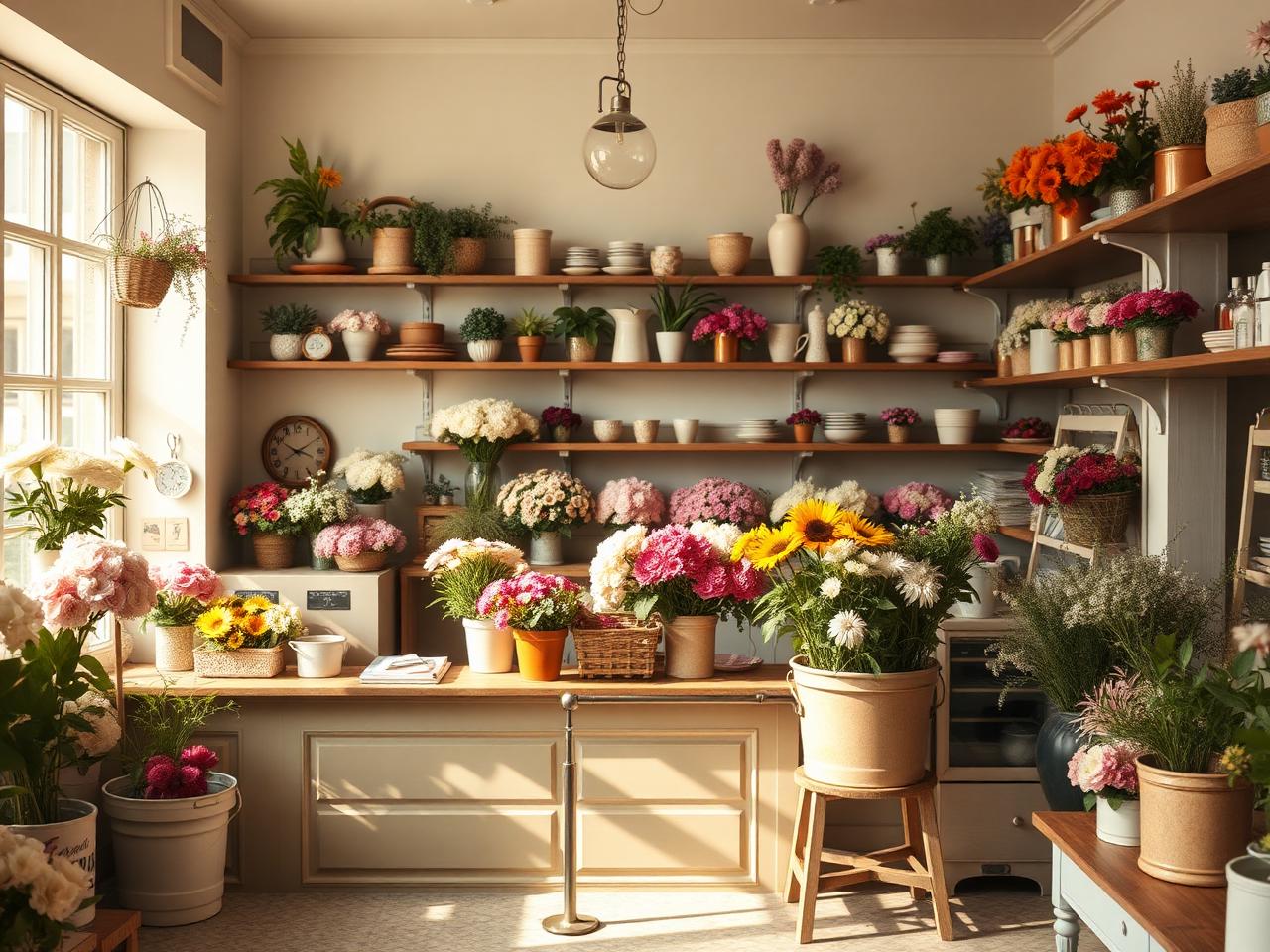 Interior de la floristería con cubos de flor fresca
